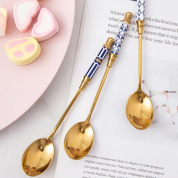 

1pcs stainless steel coffee spoon ceramic long handle spoon stirring gold-plated dessert spoon*