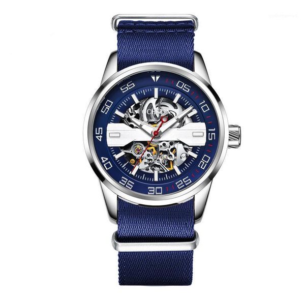 

fashion brand men sports watches with nylon strap mechanical watch army military waterproof male skeletonclock relogio masculino wristwatche, Slivery;brown