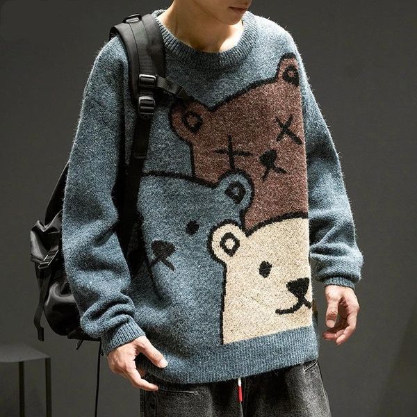 

men's jackets japanese and korean version of the autumn winter bear couple sweater men women trend loose round neck lazy knit, Black;brown