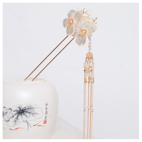 

hair accessories chinese metal style double shell flower tassel sticks vintage design women jewelry headwear
