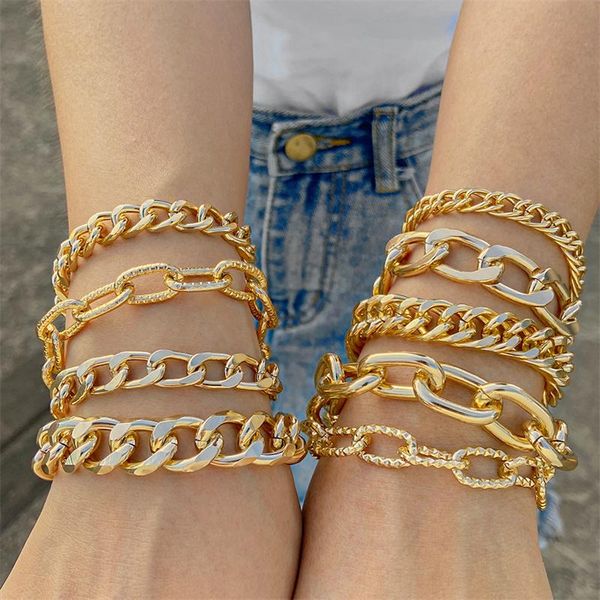Link, corrente punk braceletes de ouro ramo grânulos geométricos empilhando pulseira conjunto multi em camadas 2021 jóias