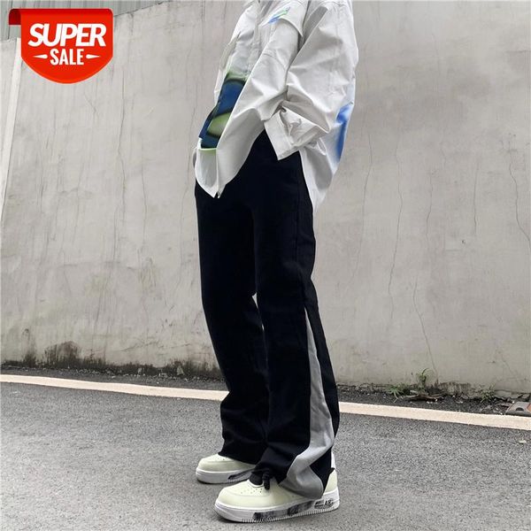 

original color block elastic waist straight casual pants mens high street oversize loose track pants hip hop spliced trousers #m38h, Black