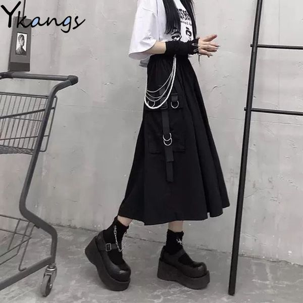 

high waist loose a-line cargo skiets chain side ring pocket midi long black skirt korean hip hop streetwear harajuku oversize 210303