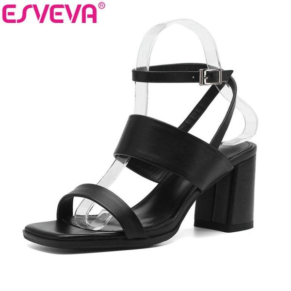 

esveva 2021 women sandal square high heel leather+pu fashion square toe buckle ankle strap elegant pumps size 34-39, Black