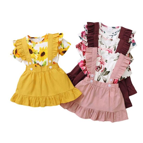 

clothing sets toddler girl summer clothes sunflower short sleeves t-shirt + solid color ruffled overalls dress for girls, White