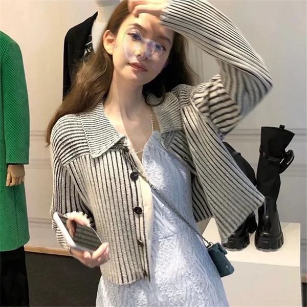 

women's knits & tees port style fashion lapel small fragrance stripe short knitted cardigan sweater coat autumn and winter, White
