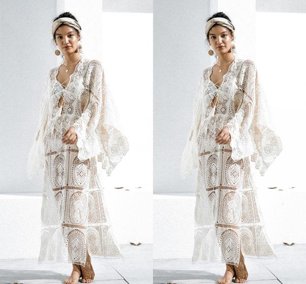 

2021 new unique lace long sleeves open back hippie style wedding boho chic rustic split bridal gowns summer beach ut1q, White