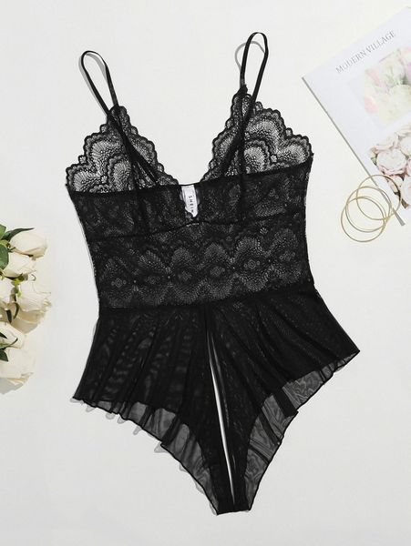 

plus floral lace mesh crotchless teddy bodysuit u3yi#, Black;white