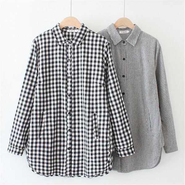 

autumn fashion women's shirt plaid cotton casual button blouse long sleeve loose vintage lady shirt black, White