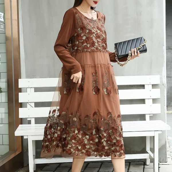 

casual dresses large size skirt 2021 early autumn women's lace stitching long sleeve cover belly show thin dress woman, Black;gray