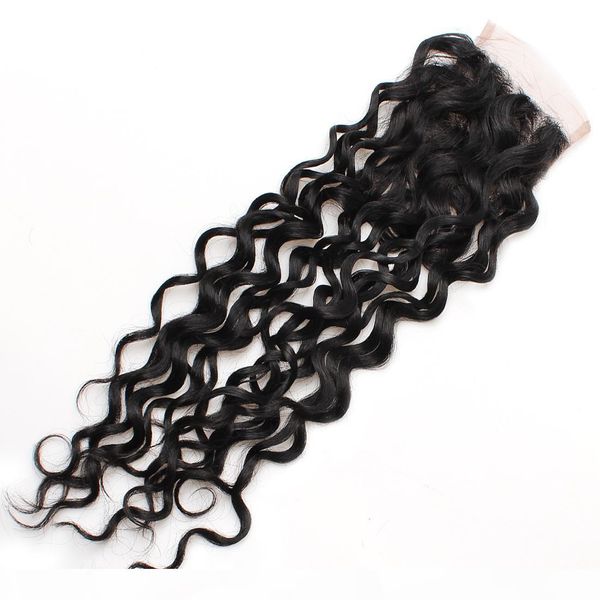 

8a water wave closure 4*4 swiss lace closure 1bundle virgin human hair brazilian peruvian malaysian indian hair middle three part, Black;brown