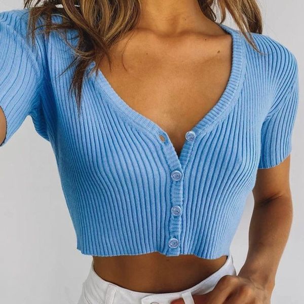

women's t-shirt summer fashion women buttons t shirt short sleeve knitted crop, White