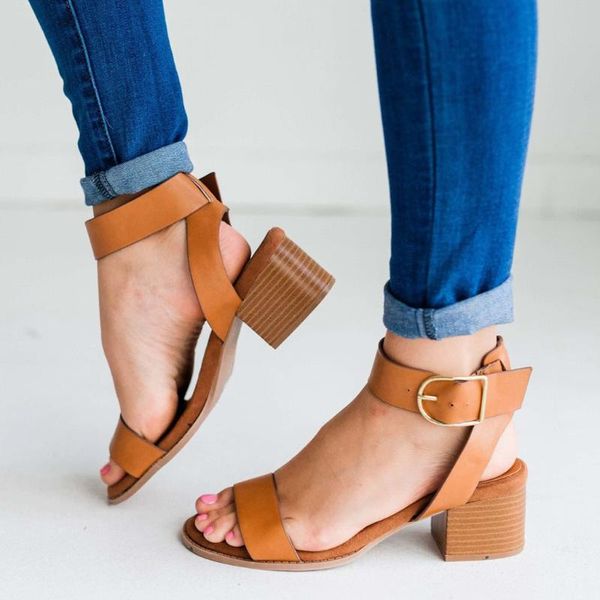 

women summer buckle strap square heels open toe breathable sandals fashion korean edition for students coarse-heeled high shoes, Black