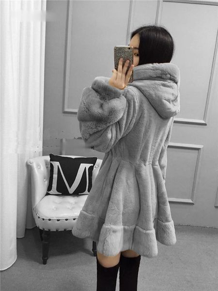 

women's fur & faux zoulv england style plush winter 2 color hooded long thick warm sweet coat, Black