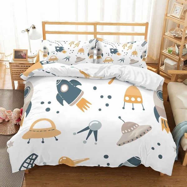 

yellow/blue/white spachip rocket planet bedding set microfiber universe adventrue theme kids duvet cover set pillowcase 2/3pcs