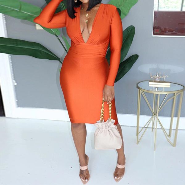 

casual dresses women solid deep v neck long sleeve slim midi dress bodycon undefined fashion club party, Black;gray