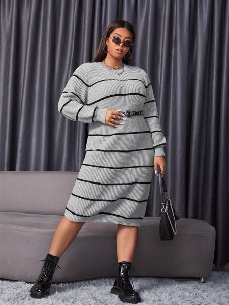 

plus striped pattern sweater dress without belt n8ul#, Black