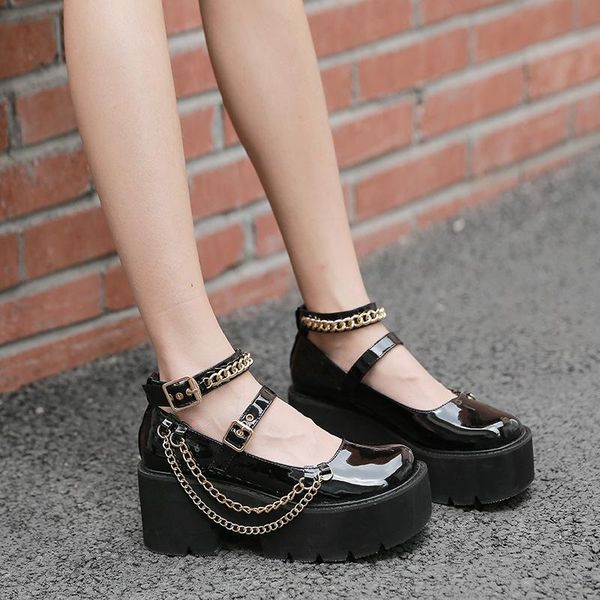 

dress shoes 2021 korean version platform women's fashion chain patent leather shallow buckle lolita high single, Black