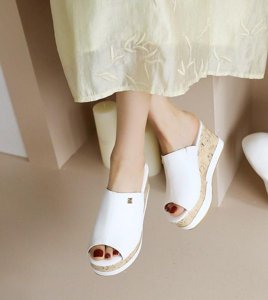 

slippers spring summer fashion wedge heel fish mouth women's outdoor casual open toe sandals high 8cm plus size 34-43, Black