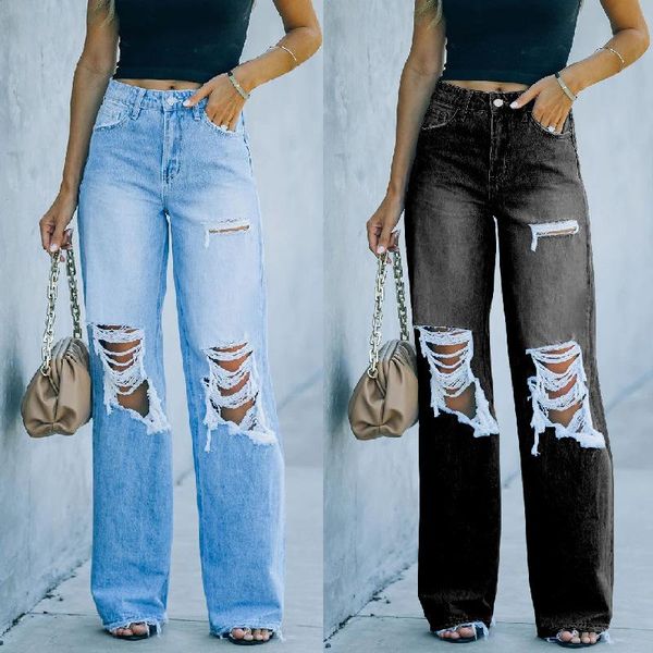 

women's jeans 2021 autumn street trendy washed ripped straight-leg pants, Blue