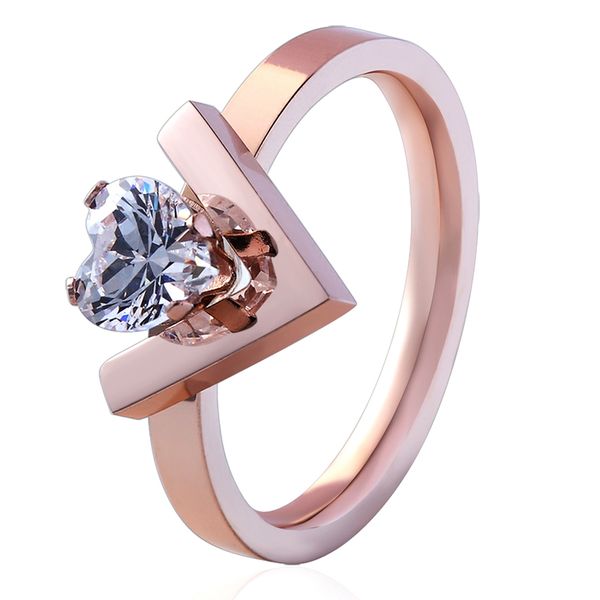 

unique design v shape inlaid heart crystal ring women wedding ring stainless steel rose gold color luxury love ring, Silver