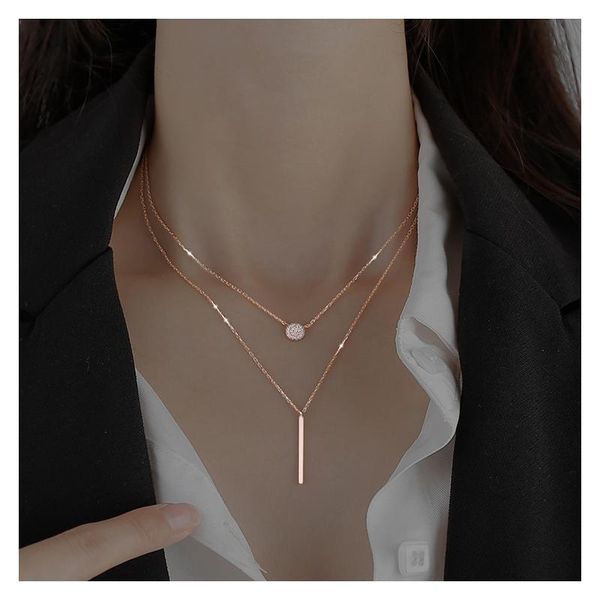 

chains fashion square flash diamond round two layer necklace stacking set chain ladies gift temperament clavicle, Silver