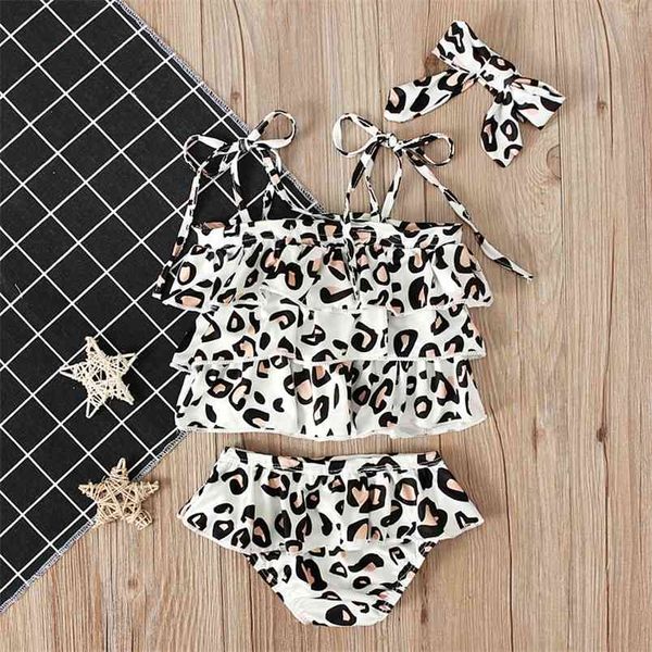 Vestiti per ragazze estive Costume da bagno con stampa leopardata + set di due pezzi turbante su set da bambina bianco 210528