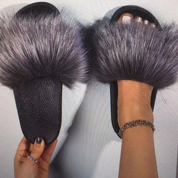 

women real slippers fox fur slides home hairy plate sandals cute plush house shoes female brand 2021 sand alias mud, Black
