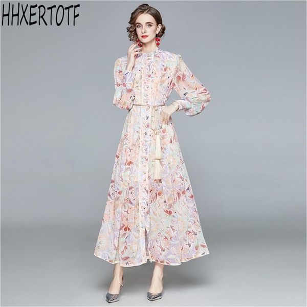 

casual dresses 2021 autumn winter fashion dress women lantern sleeve stand neck sashes single breasted long flower print, Black;gray