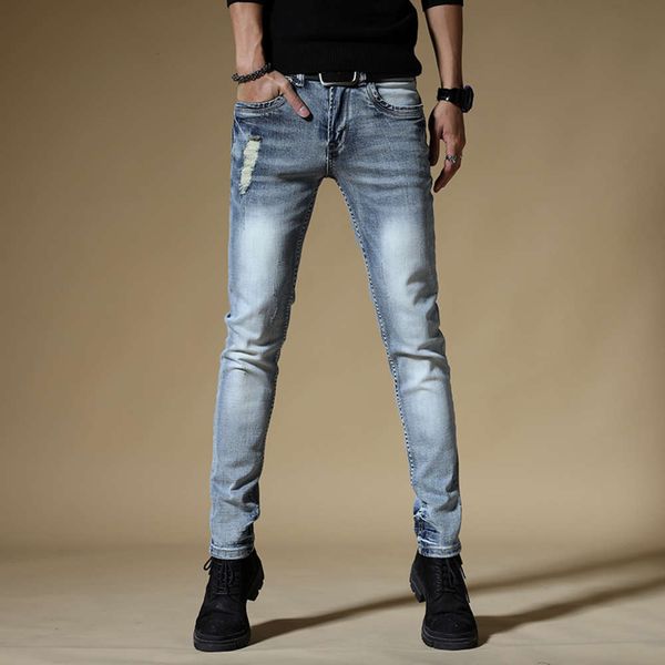

jeans men's spring and autumn personality hole straight slim korean fashion light color pants handsome, Blue
