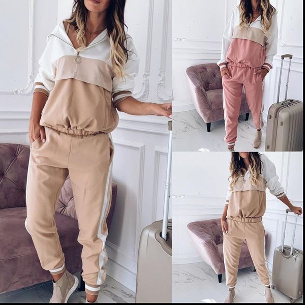

women 2 pcs running set 2021 spring striped hooded tracksuit workout clothes casual loose sweatshirts joggers suits sportswear, Gray