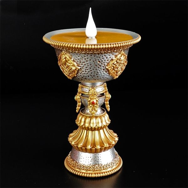 Tibetano conduziu a lâmpada da manteiga da vela sem fumaça e iniores Budista Eletrônico Casa Decorativa Candles Holder USB Powered 210722