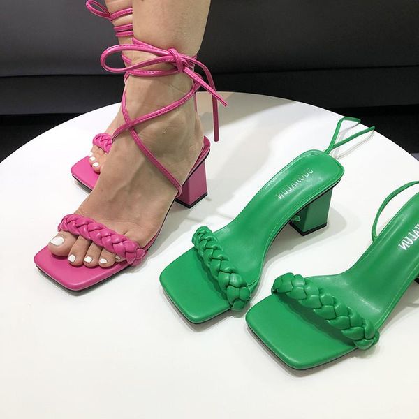

dress shoes strappy heels fashion women weave sandals square high heel lace up gladiator narrow band back white summer sandal, Black