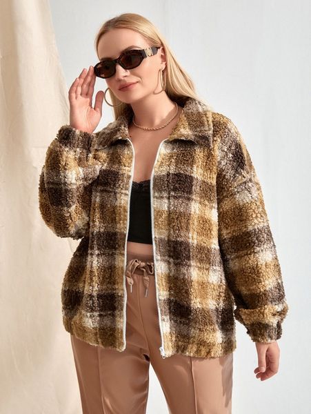 

plus plaid print zip up drop shoulder teddy jacket c4p1#, Black