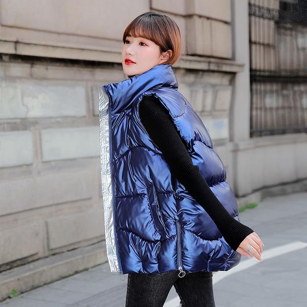 

women's vests down jacket women shiny autumn winter puffer vest solid casual ladies sleeveless zipper stand collar waistcoat for, Black;white