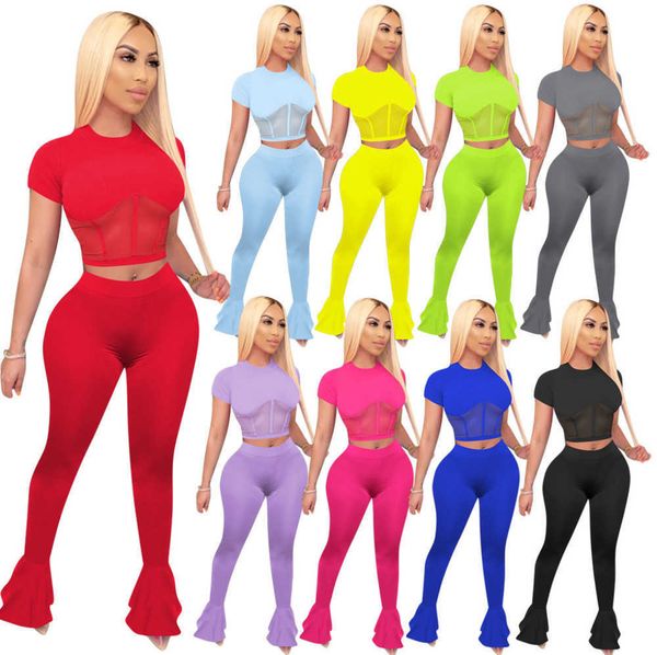 

summer women tracksuits designer two piece flare pants outfits mesh stitching short sleeve t shirt tight trousers sportswear, Gray