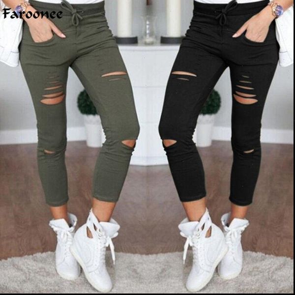 

skinny pants women hole knee pencil pant lady high waist legging slim trousers stretch ripped jeans plus size 4xl, Black