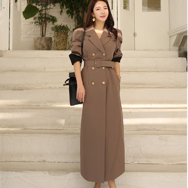 

2021 new vintage double breasted for women sashes slim long female winter office solid trench dress aj4o, Black;gray