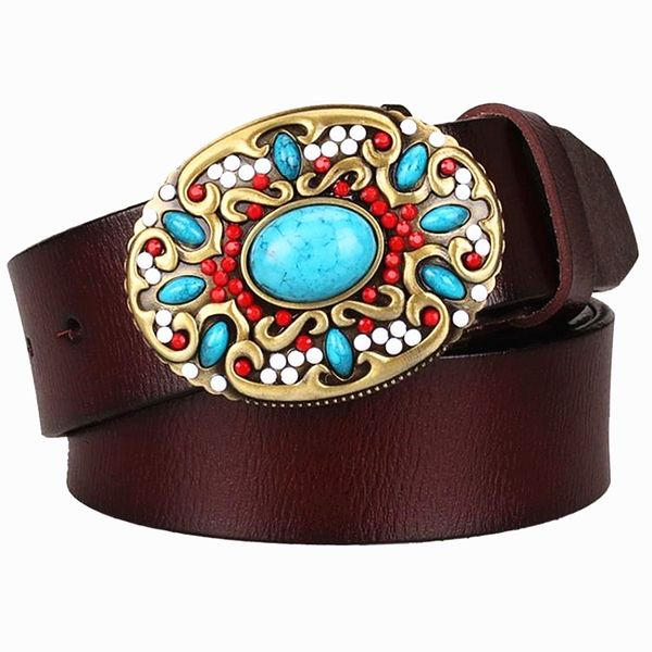 

2021 new fashion women's genuine leather mosaic gem turquoise belts metal buckle arabesque pattern retro woman decorative belt gift 5uw, Black;brown