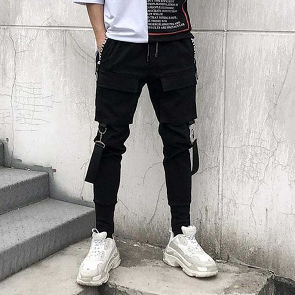 

en plus size casual with pockets hip hop mode patchwork ripped jogging cargo harm book elastic tail broek for male, Black