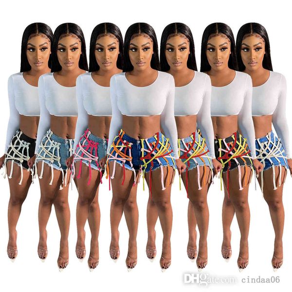 

designer women denim shorts fashion boutique dark ribbon trousers non pants ladies mid waist butt lift bandage sports loose leggings, Black;white