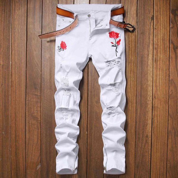 

jeans men's style elastic embroidery rose hem zipper pierced white, Blue