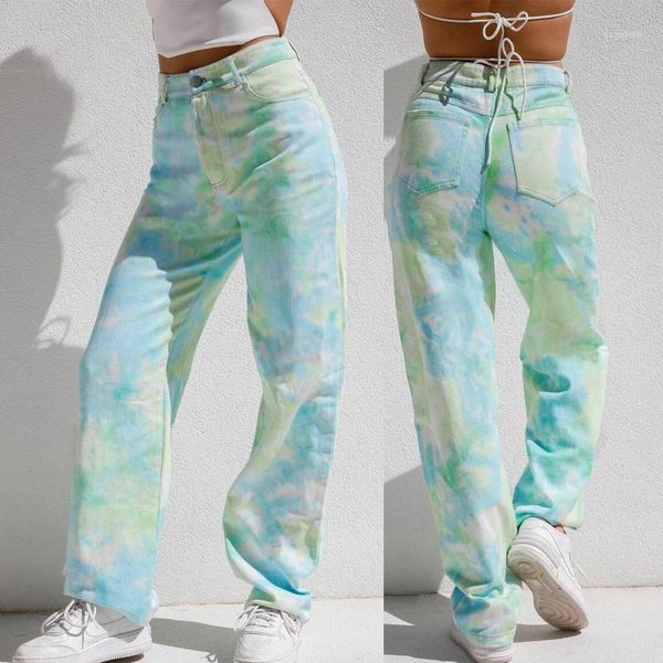

women's jeans spring web celebrity with the same color dyed double button waist fashion ins high slim straight pants, Blue