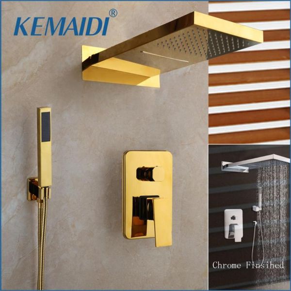 

kemaidi chrome & golden plated bathroom shower hand 2 functions shower mixer bathroom solid brass rainfall waterfall set