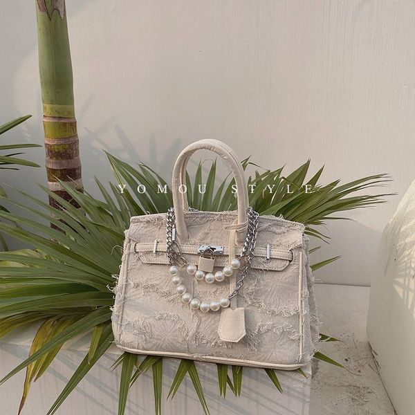 

minority made old denim splicing beggar canvas kelly bag hand