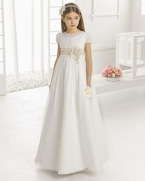 

girl's dresses vintage flower girl for wedding empire waist short sleeve tulle crew champagne lace sash children first communion gowns, Red;yellow