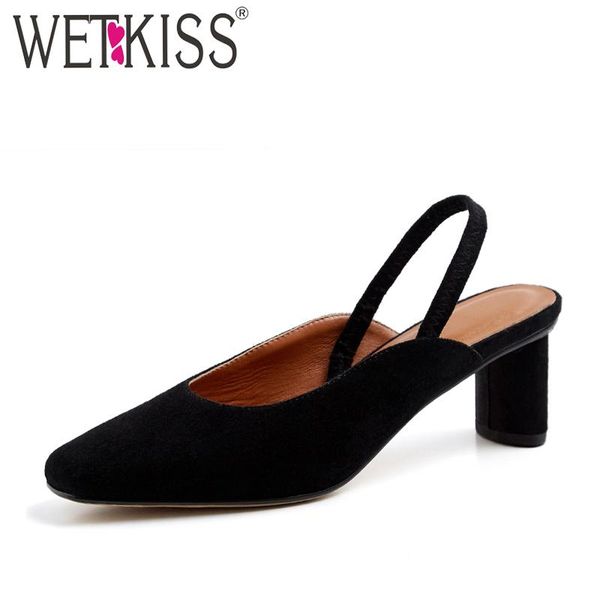 

dress shoes wetkiss unusual heels female sandals party slingback kid suede women square toe footwear woman summer 2021 fashion, Black
