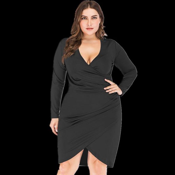 

casual dresses 2021 spring party dress for fat female plus size 4xl 5xl vintage women black deep v neck draped tight slim midi, Black;gray