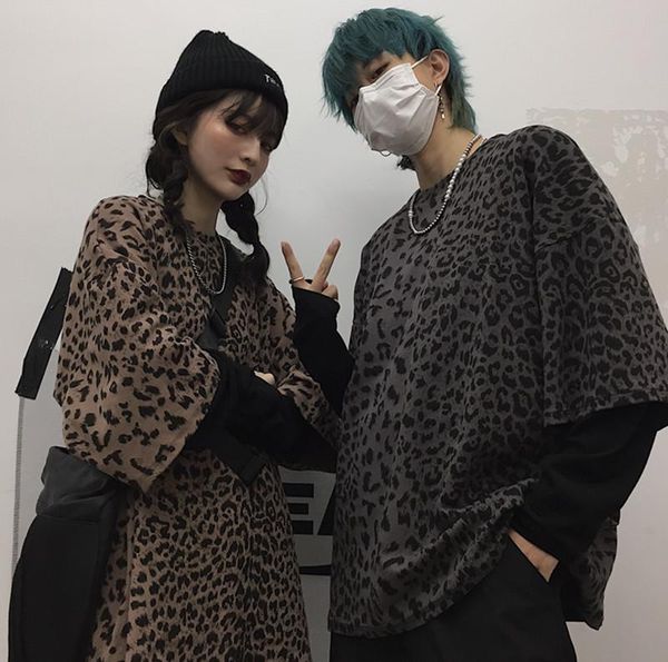 

women's t-shirt korean loose woman t-shirts leopard patchwork long sleeve tee fake two pieces o-neck streetwear plus size clothing, White