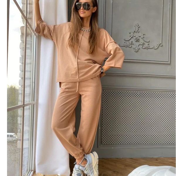 

women's two piece pants women soft lace-up sets 2021 spring summer half sleeve o-neck + casual loose white leisure wear